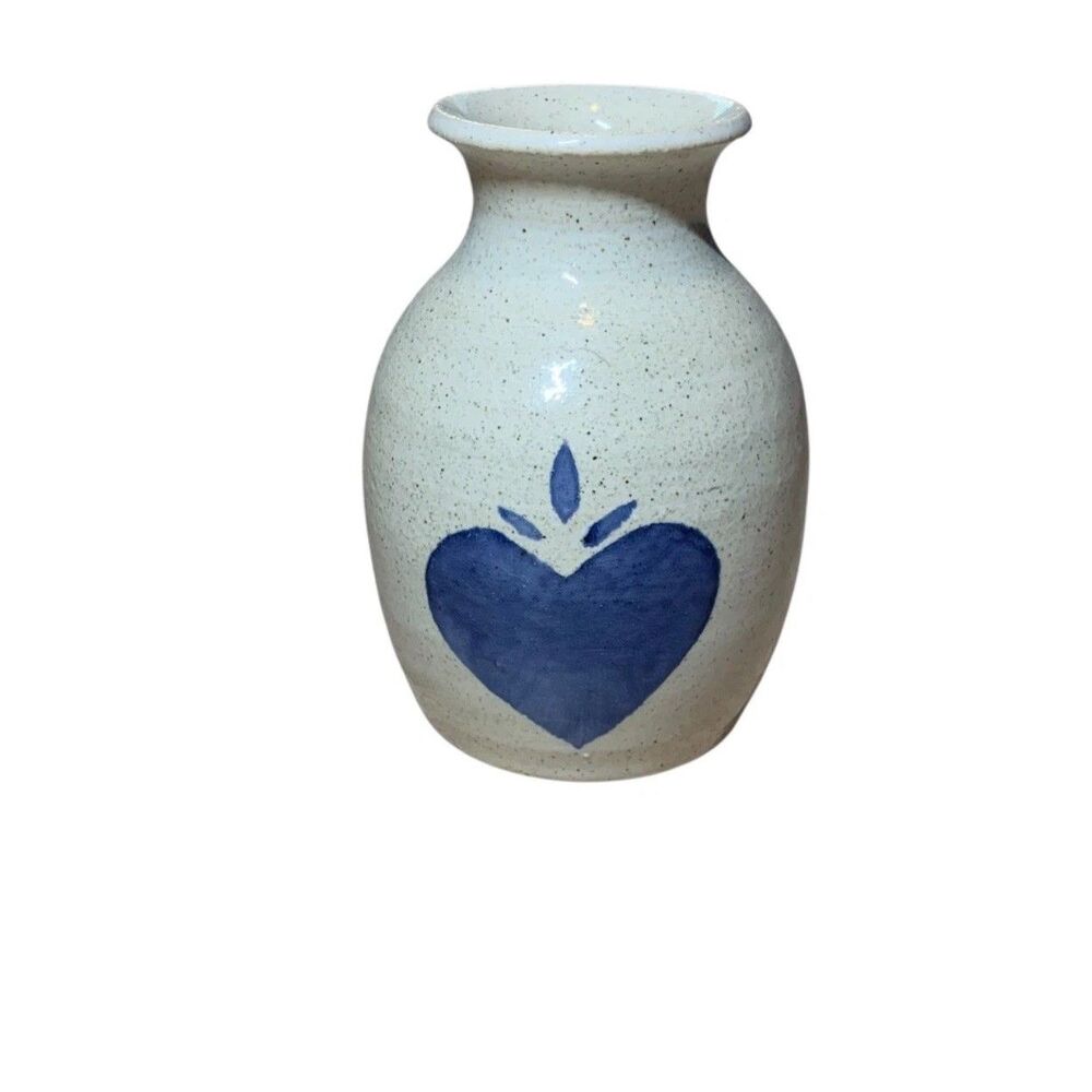 Handmade Pottery Textured Small Vase Blue Heart Design Country Primitive Style